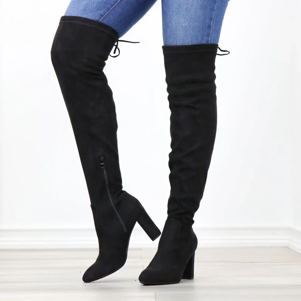 Black Over The Knee Boots Lace Up Back Side Zip Block Heel Faux Suede